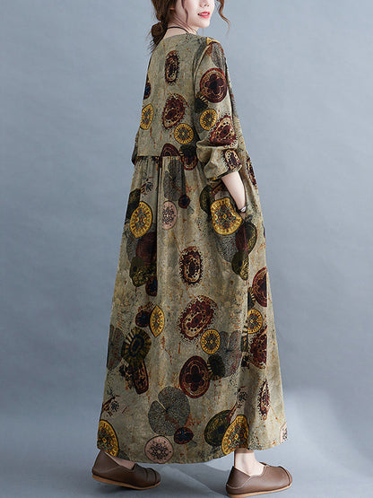 Artistic Retro Loose Long Sleeves Printed Round-neck Maxi Dresses