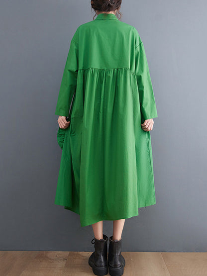 Urban Applique Pleated Long Sleeves Shirt Dress Midi Dress