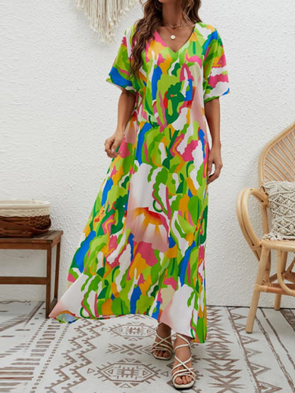 Loose Short Sleeves Contrast Color High-waisted Printed V-neck Maxi Dresses