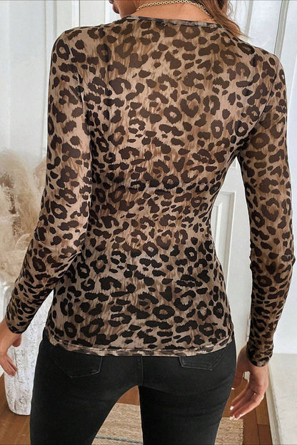 Leopard Print Mesh Sheer Long-sleeve Blouse