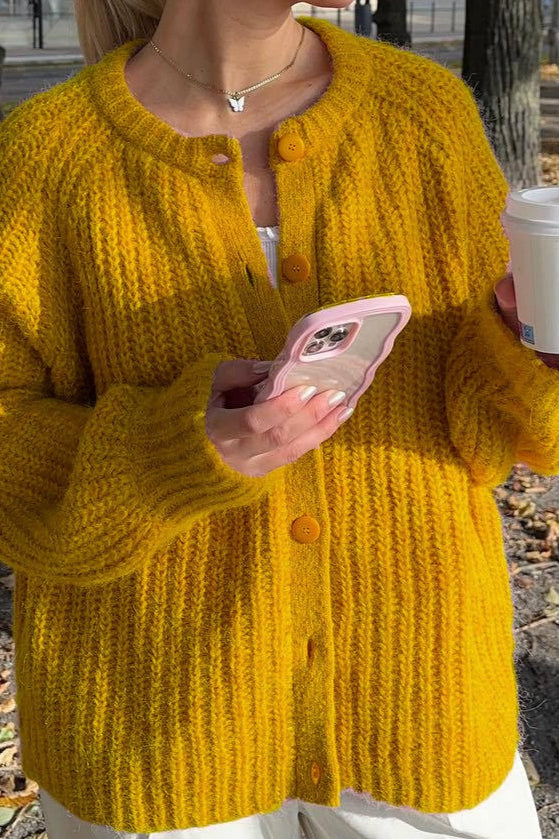 Knit Round Neck Long Sleeve Cardigan