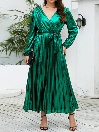 High Waisted Long Sleeves Bronzing Elasticity Pleated Color Tied Waist Deep V-neck Maxi Dresses