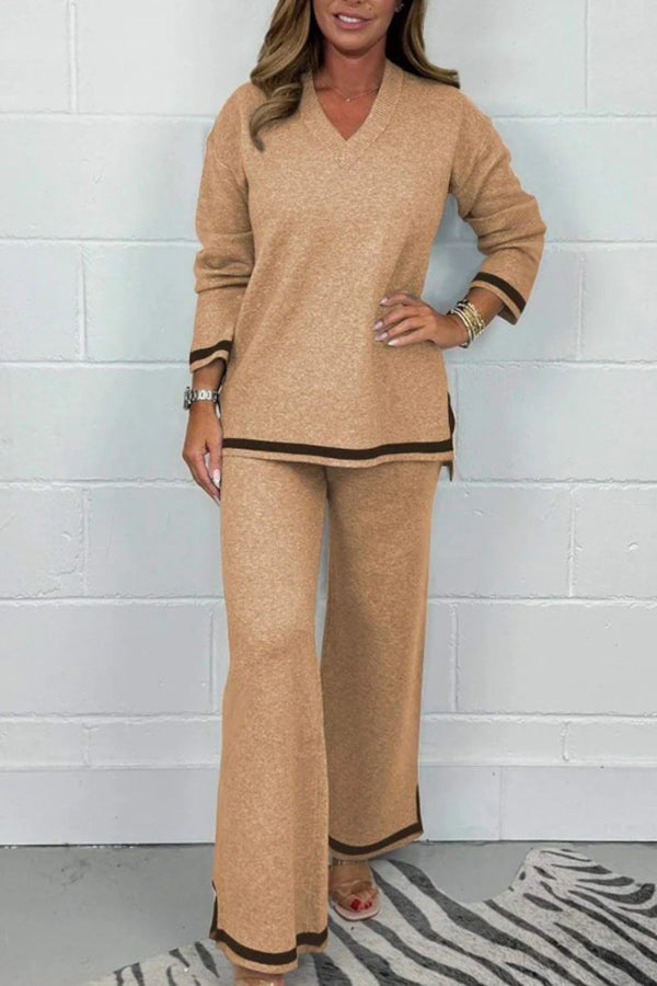 Color V-neck Long-sleeved Loose Top and Elastic Waist Wide-leg Pants Set