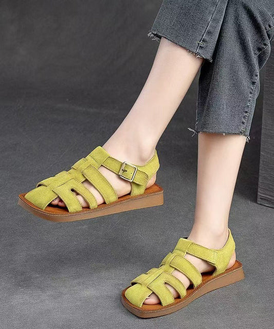 Handmade Green Cowhide Leather Flat Hollow Out Roman Sandals