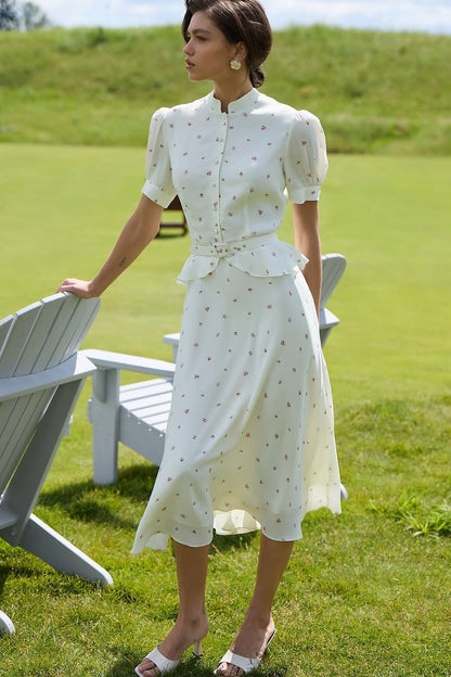 Puff Sleeve Stand Collar Waist Cinch Two Piece Set