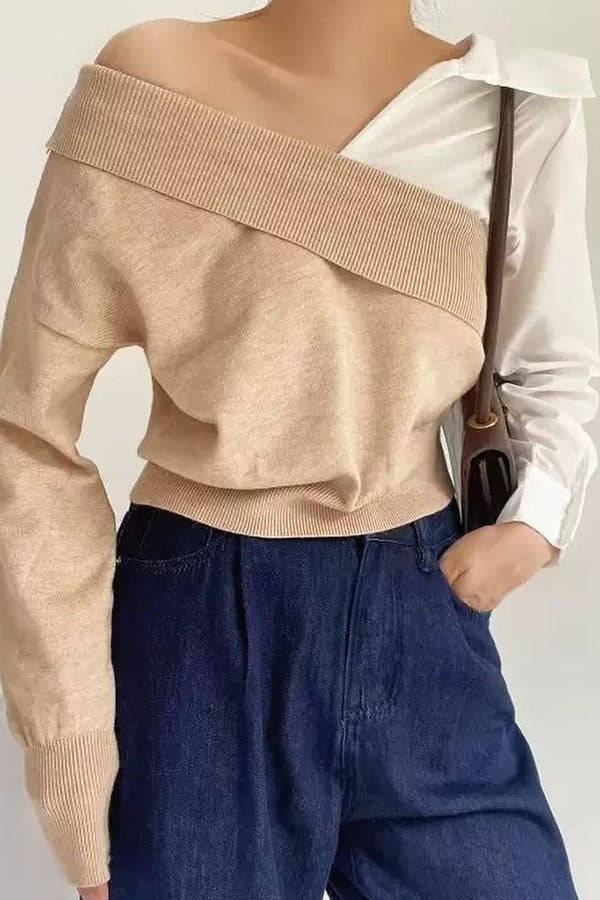 Stylish Patchwork Contrasting Long-sleeved V-neck Sweater