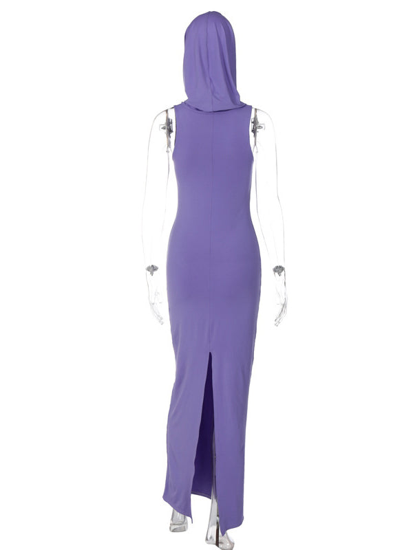 Bodycon High Waisted Hooded Color Split-back Maxi Dresses