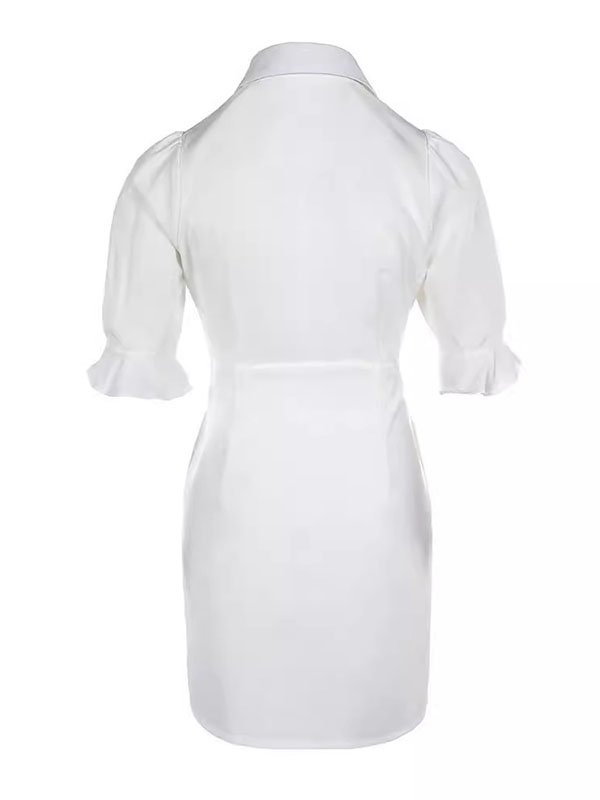 A-line Flared Sleeves Buttoned Pleated Pockets Color Split-joint Lapel Mini Dresses Shirt Dress