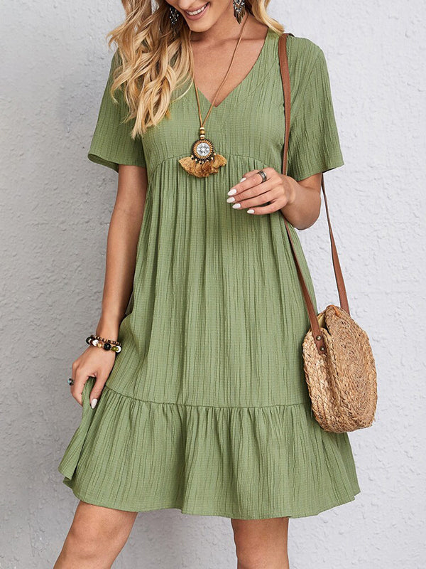 A-line Loose Pleated Color Split-joint V-neck Mini Dresses