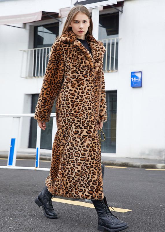 Leopard Print Faux Fur Long Coat With Suit Collar