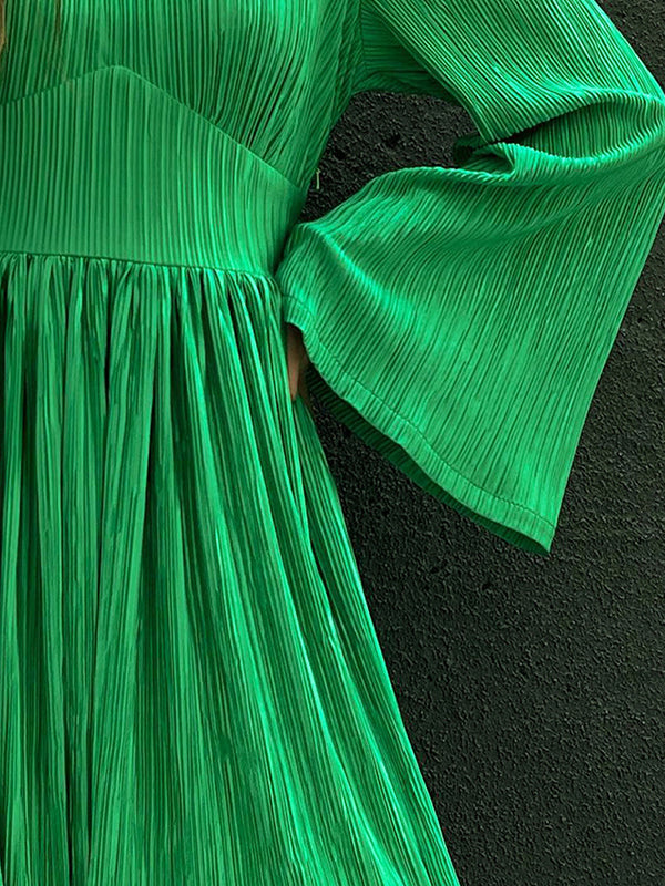 A-line Flared Sleeves High-waisted Pleated Color Zipper Round-neck Mini Dresses