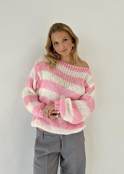 Relaxed Striped Knit Off-shoulder Sweater
