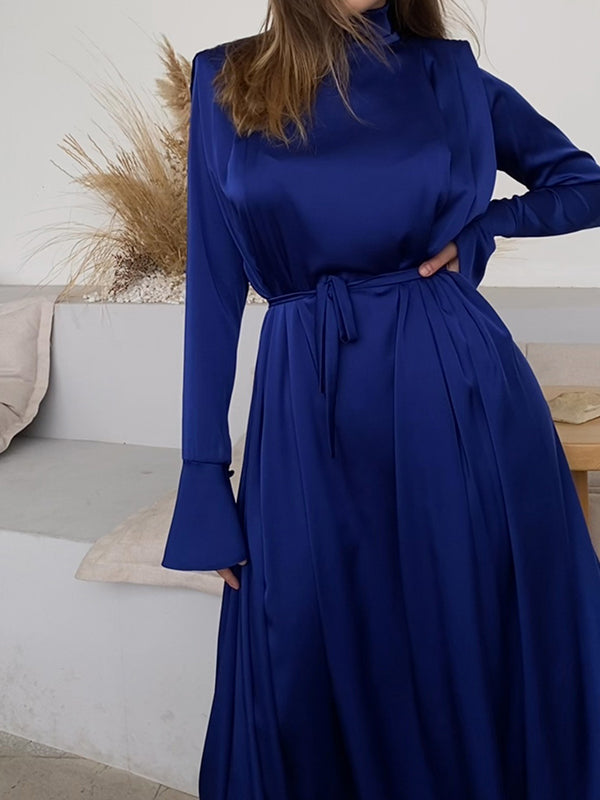 Flared Sleeves Long Sleeves Color High-neck Maxi Dresses