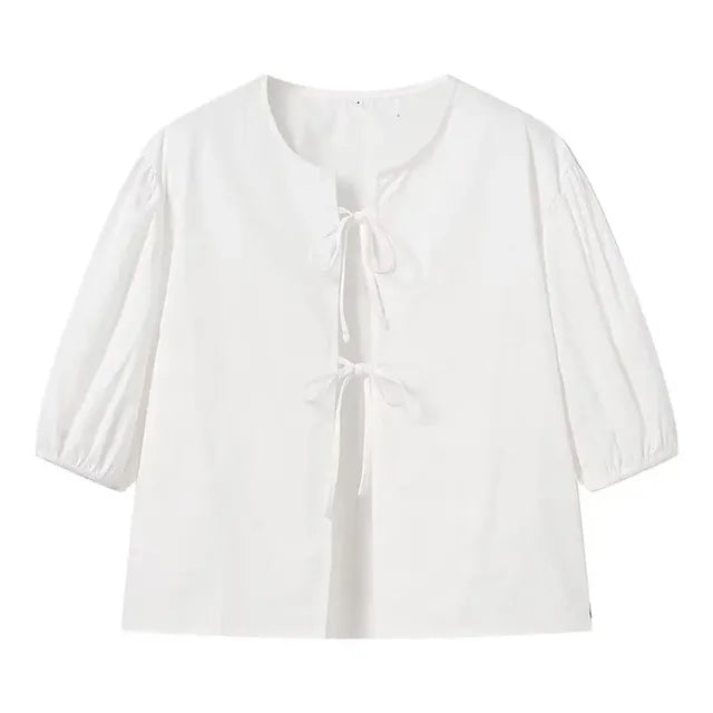 Trauxy White Lace-up Short Sleeve Shirt for Loose Color Patchwork Summer Blouse Female Club Party Outfits