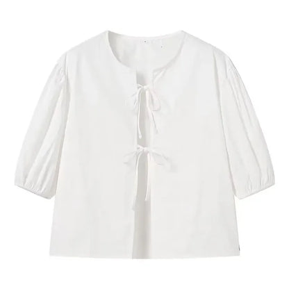 Trauxy White Lace-up Short Sleeve Shirt for Loose Color Patchwork Summer Blouse Female Club Party Outfits