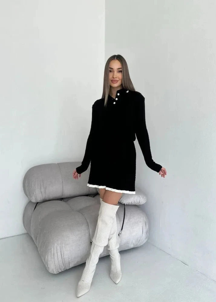 Cable-knit Buttoned Sweater Dress Set