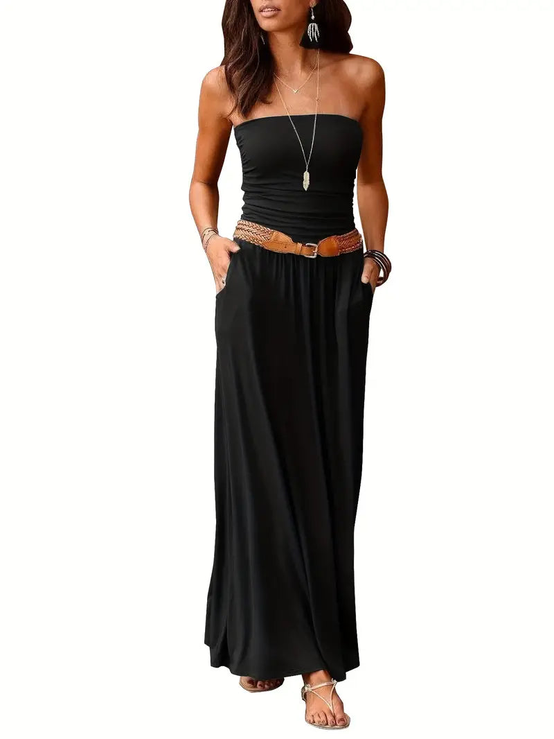 Color Versatile Strapless Maxi Dress With Pockets
