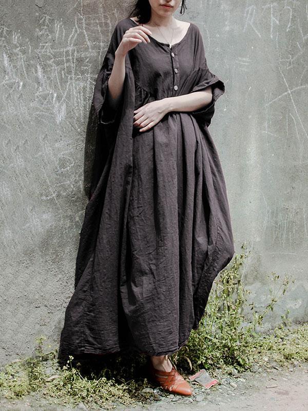 Gray Color Ramie Cotton Long Dress