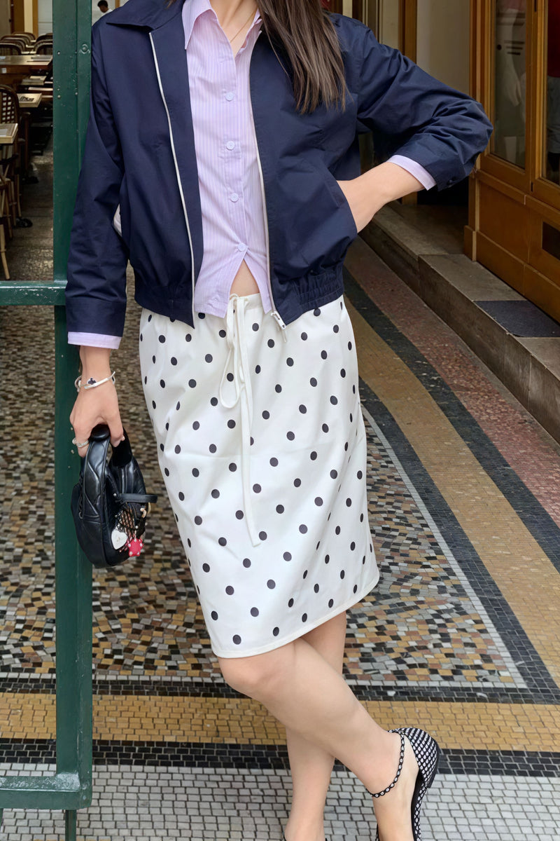 Satin Polka Dot Drawstring Midi Skirt