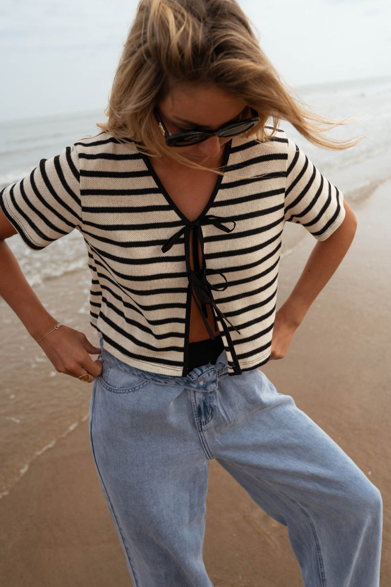 Striped Tie-front Knit Short Sleeves Cardigan