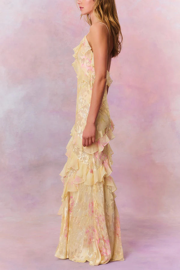 Multicolor Tie-dye Backless Wave-hem Strap Maxi Dress