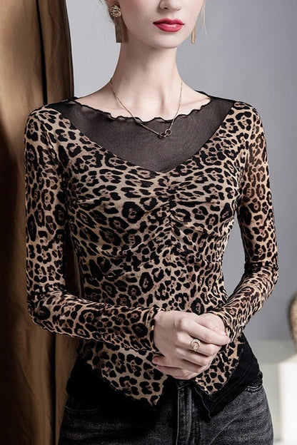 Leopard Print Fake Two-piece Mesh-paneled Blouse