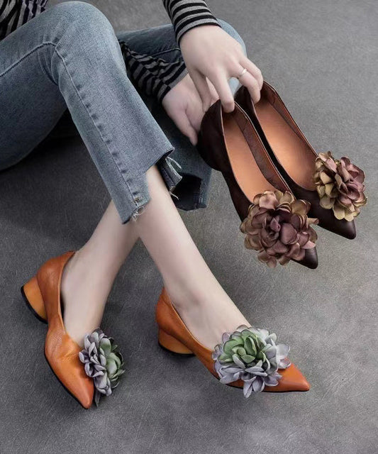 Retro Camel Pointed Toe Cowhide Leather Flats Shoes