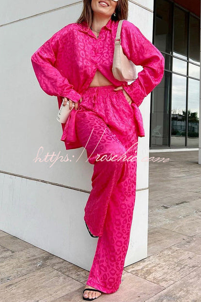 Leopard Print Jacquard Long Sleeved Shirt With Elastic Waist and Pant Two Piece Set