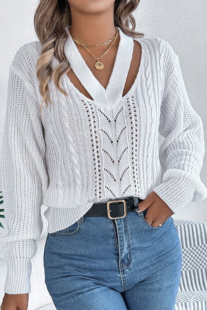Hollow V-neck Long-sleeved Knitted Sweater