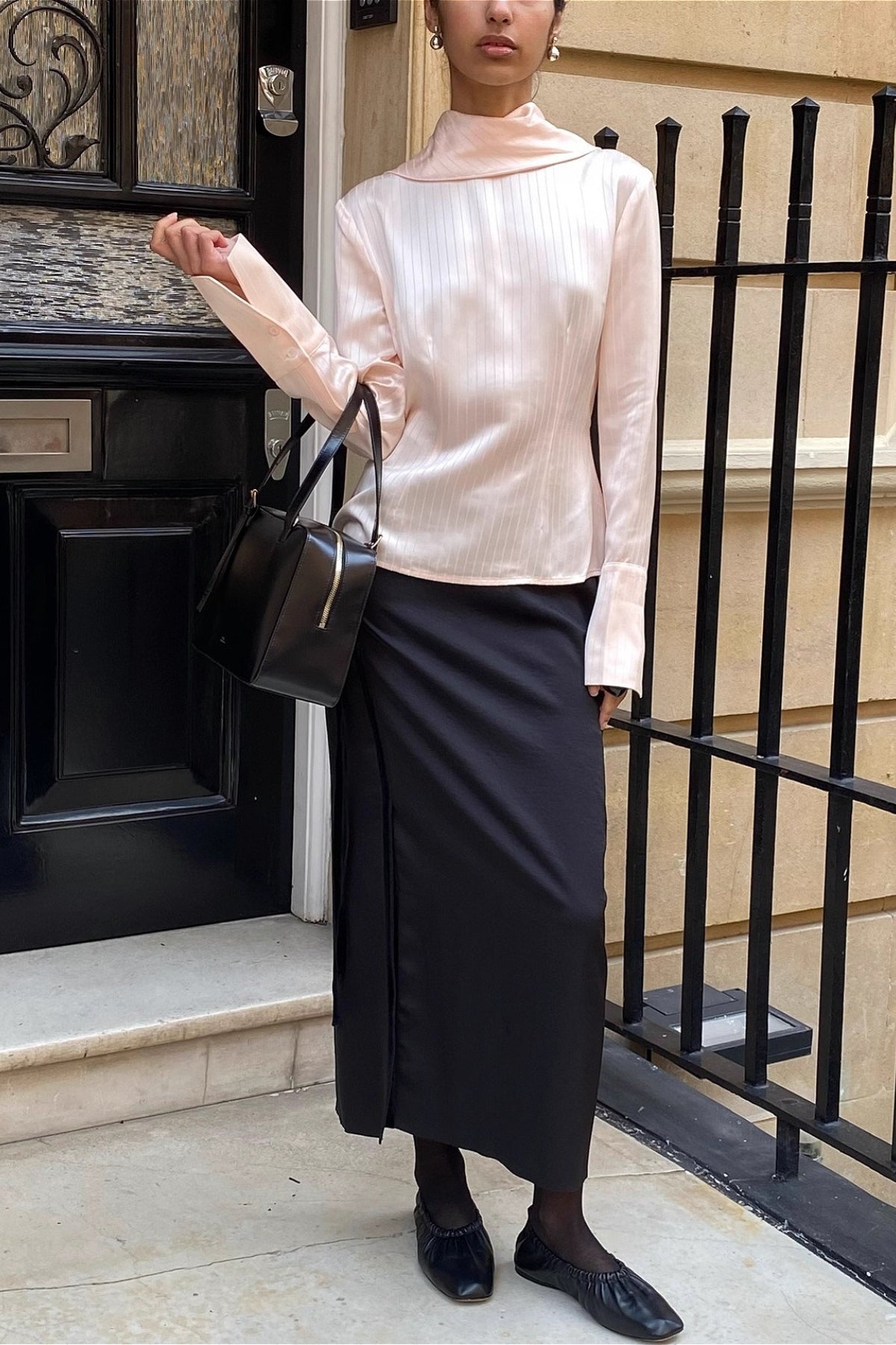 Striped Satin Turtleneck Tie Waist Slim Blouse
