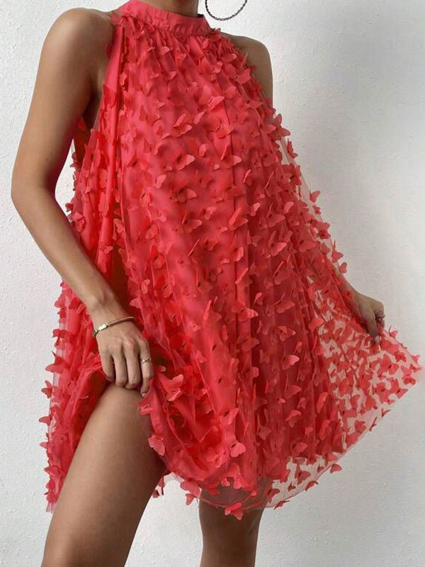 Loose Sleeveless Jacquard Pleated Color Split-joint Stand Collar Mini Dresses