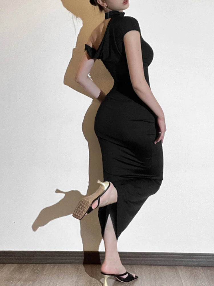 ’s Off the Shoulder Slope O Neck Maxi Dress Short Sleeve High Waist Slim Fit Club Party Dress Femme