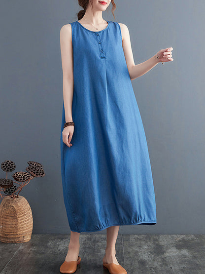 A-line Loose Buttoned Pleated Color Round-neck Midi Dresses