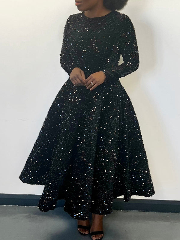 A-line High Waisted Sequined Split-joint Zipper Round-neck Maxi Dresses