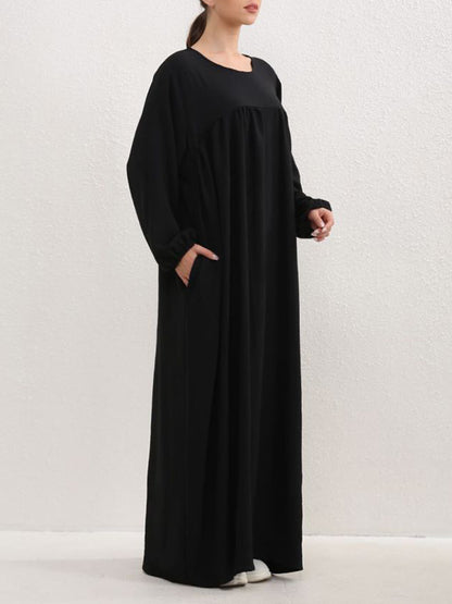 Long Sleeves Loose Pleated Color Split-joint Round-neck Maxi Dresses