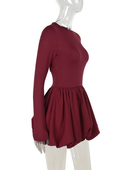 Long Sleeves Skinny Pleated Color Split-joint Round-neck Mini Dresses
