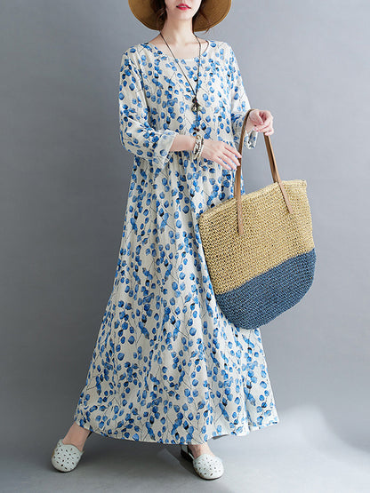 Long Sleeves Loose Flower Print Split-joint Round-neck Midi Dresses