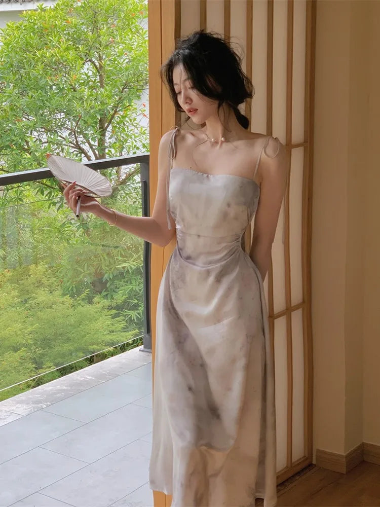 Spaghetti Strap Satin Midi Dress Hollow Out Slim Waist Summer Prom Roe One Piece Vestidos Mujer New