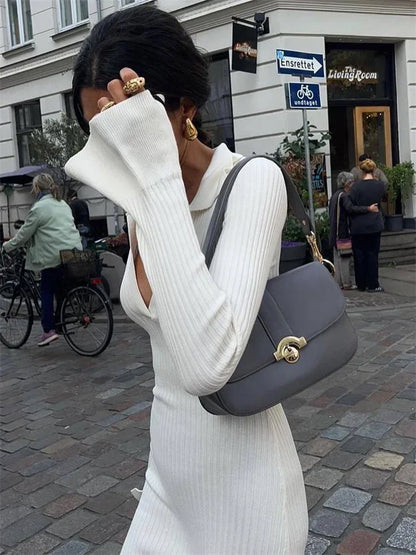 White High Waist Knitwear Dress Rib Lapel Autumn Slim Long Dress Knit Party Dress