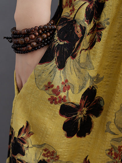 Loose Short Sleeves Pleated Printed Split-joint Round-neck Midi Dresses