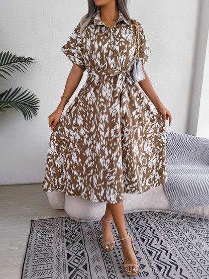 Loose Short Sleeves Leopard Ribbed Lapel Midi Dresses
