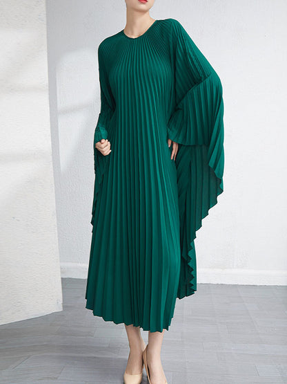 Urban Flared Batwing Sleeves Pleated Color Round-neck Midi Dresses