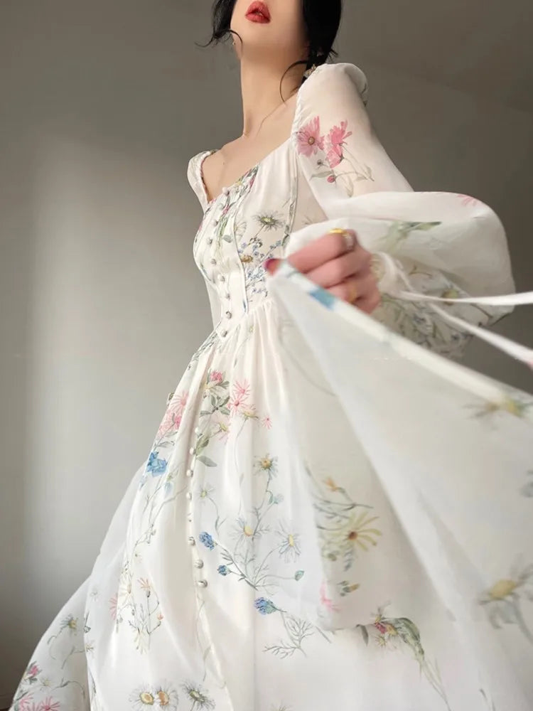 French Vinatge Evening Party Long Dresses for A-line Princess Dress Lantern Sleeve Spring Summer Prom Robe Vestidos