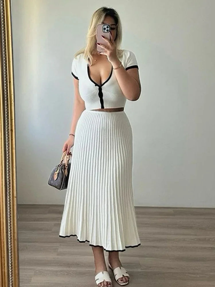 Knitted Fold Skirt Two Pieces Set Deep V Neck Short T-shirt Knitwear High Waist Skirt Patchwork Female Sets Summer