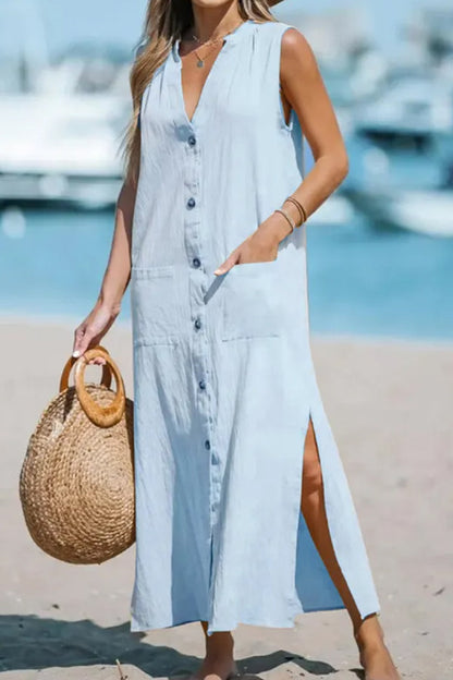Cotton and Linen Sleeveless Loose V-neck Maxi Dress