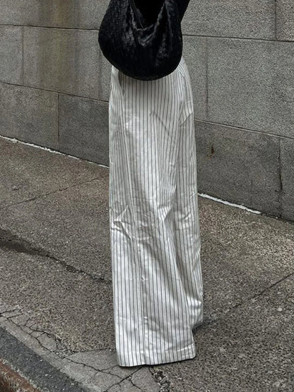 ’s Black White Stripe Wide Leg Pants New High Waist Zipper Loose Work Business Pants With Pockets