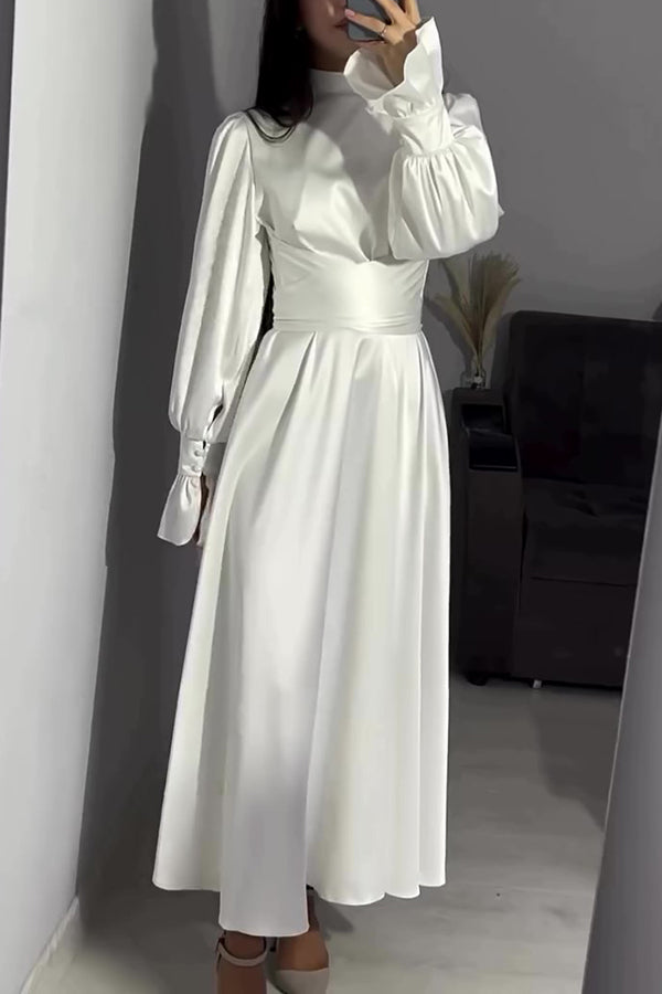 Color Ruffled Sleeves Waisted Tie Slim Fit Maxi Dress