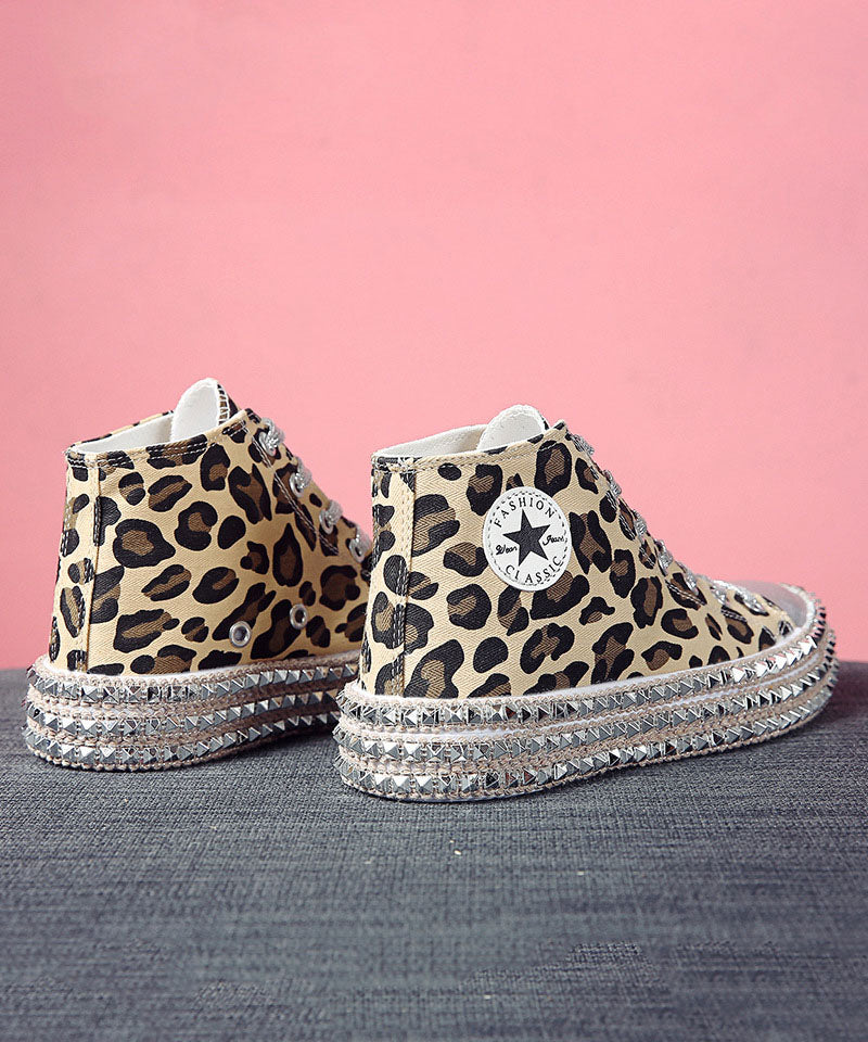 Leopard Print Flat Shoes for Rivet Cross Strap Splicing Flat Shoes for