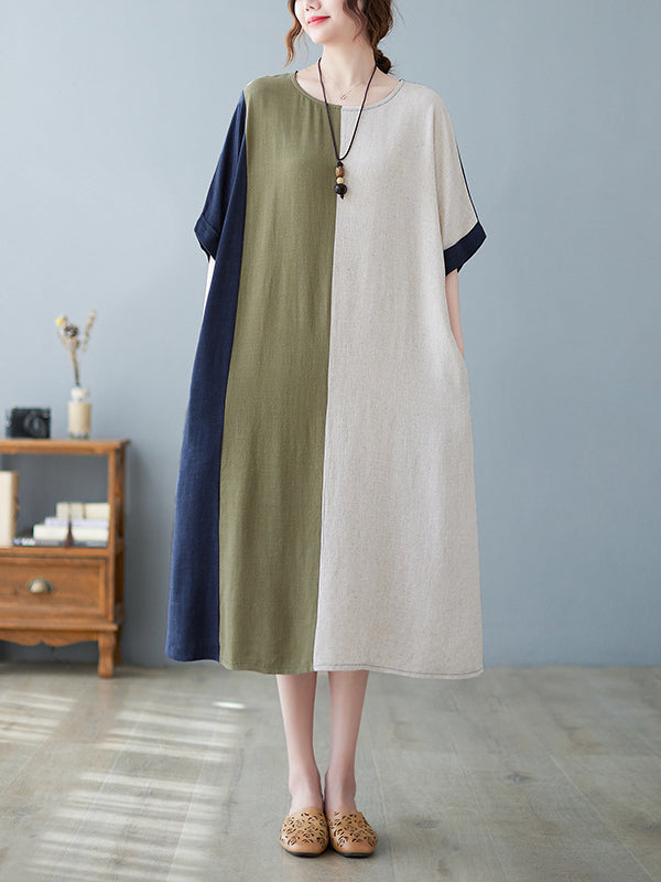 Half Sleeves Loose Contrast Color Round-neck Midi Dresses