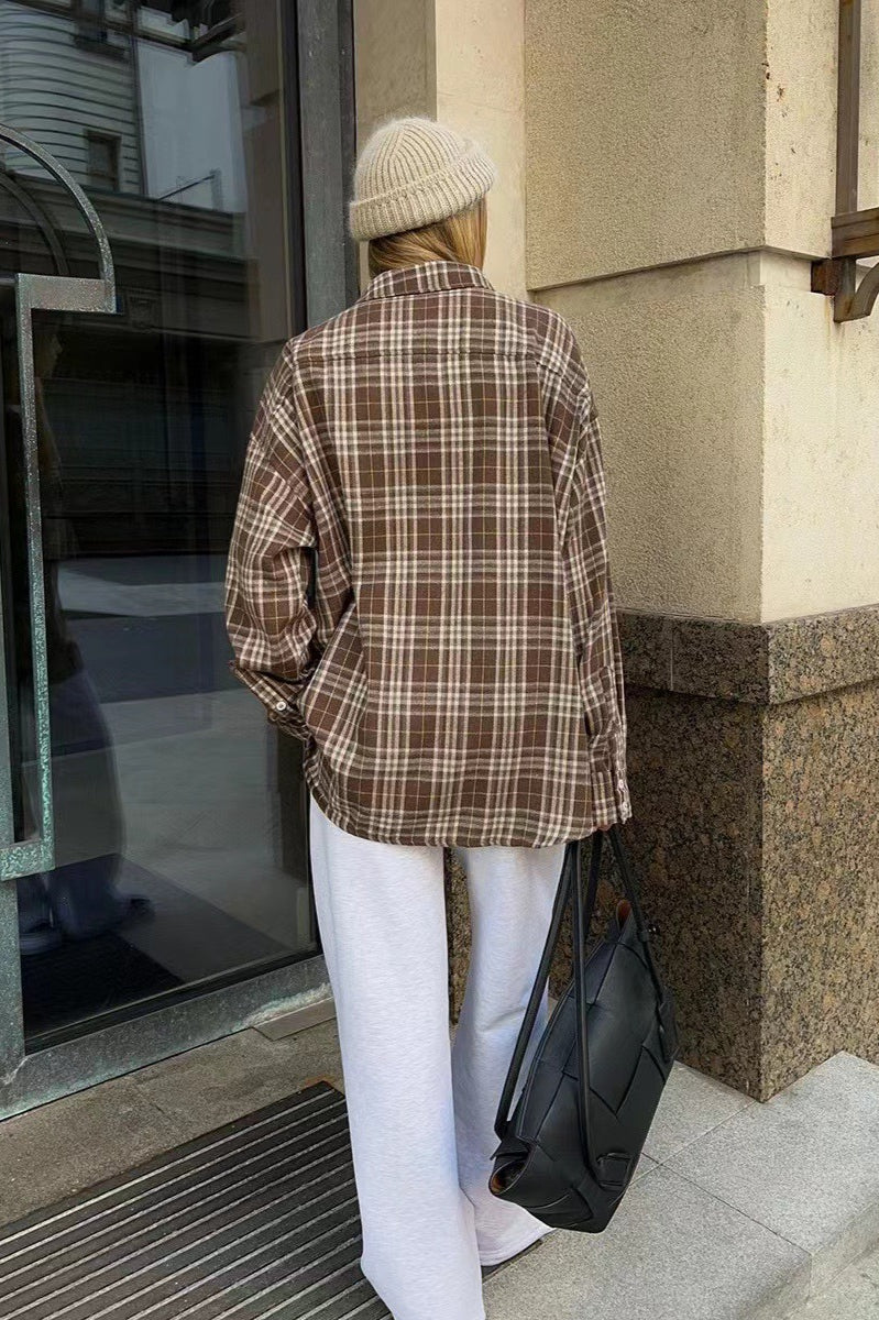 American Plaid Double-pocket Mid-length Blouse